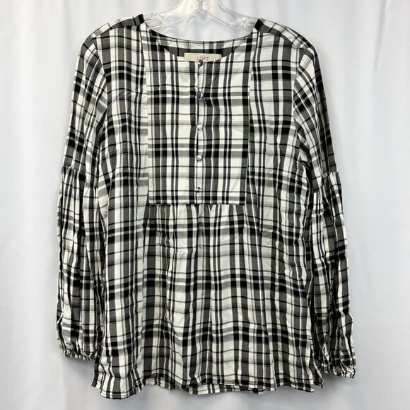 LOFT Tops - Loft Womens Babydoll Top Black Ivory Plaid Long Sleeve Puff Pleated Button S